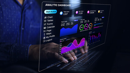 Businessman analyzing online commerce through virtual analytic dashboard and analyzing customer behavior for information on digital marketing platform. Data analysis concept.