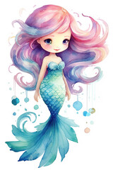 Obraz na płótnie Canvas Mermaid princess watercolor clipart cute isolated on white background