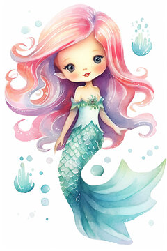 Mermaid princess watercolor clipart cute isolated on white background