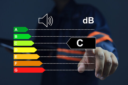 Volumetric test result template for goods such as tires or other goods according to EU consumer protection standards. Copy space for text sound level dB. - Powered by Adobe