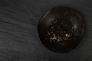Dirty Plate Isolated, Empty Bowl after Dinner, Finished Lunch, Crumbs on Black Plate