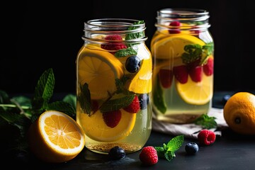 Fototapeta na wymiar refreshing fruit-infused water with lemon and mint, created with generative ai