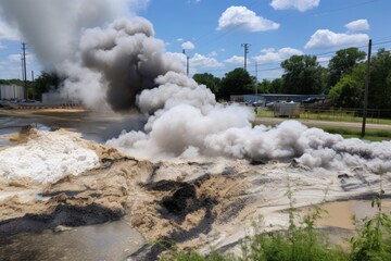 chemical spill with fumes rising from the ground and affecting nearby plants, created with generative ai