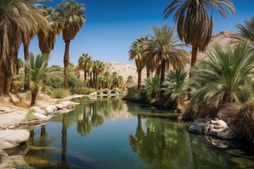 Fototapeta na wymiar desert oasis with clear blue sky and palm trees in the background, created with generative ai