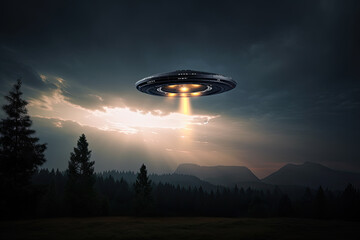 unidentified flying object, UFO over forest at sunset, science fiction concept Generative AI