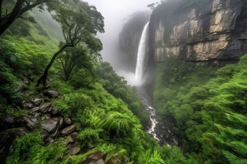 majestic waterfall, with view of the forest, surrounded by mist, created with generative ai