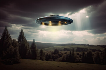 Fototapeta na wymiar unidentified flying object, UFO over forest in the morning, science fiction concept Generative AI