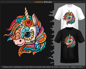 Colorful unicorn head mandala arts isolated on black and white t shirt.