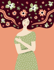 Vector illustration of a tender girl with flowers in her hair. The image is suitable for print on clothes, postcards, banners. Background for the concept of beauty, women's health.