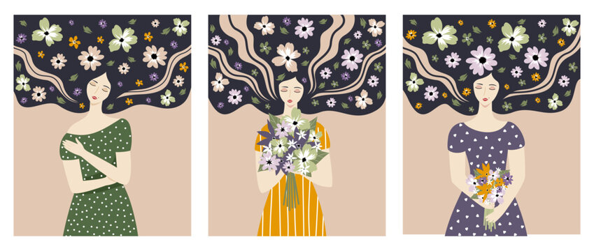 Set of vector illustrations of girls with bouquets of flowers and flowers in their hair. Image for print on clothes, postcards, banners. Background for the concept of beauty, women's health.