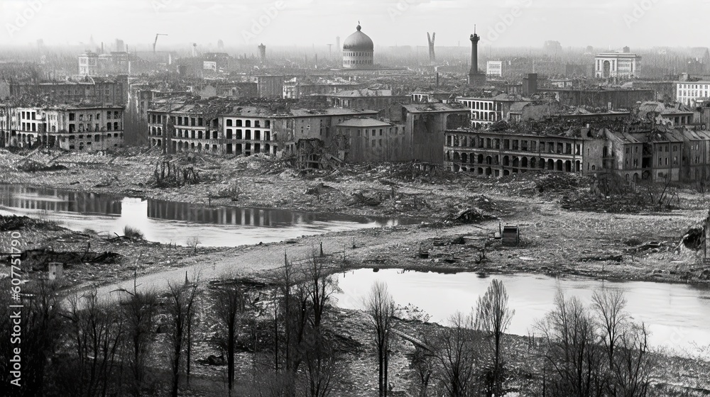 Wall mural Poland, Warsaw after nuclear strike in black and white, photo style Generative AI - Wall murals