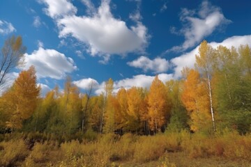 Fototapeta premium autumn forest with clear blue sky and fluffy clouds, created with generative ai