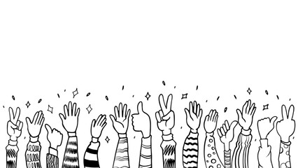 hand drawing of hands up, clapping ovation. applause, thumbs up and peace gesture on doodle handdrawn style , vector illustration, cartoon black white background.