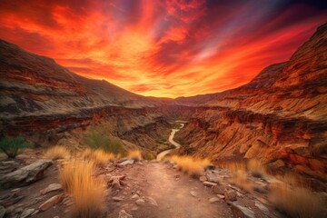 majestic sunset over fiery canyon, with the sky painted in vibrant and warm hues, created with generative ai