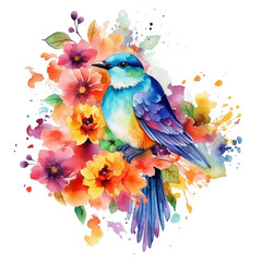 bird on a branch with flowers ai generative