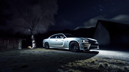 Fototapeta na wymiar A classic car beneath the starry night sky, its majestic stance as awe-inspiring as the celestial canvas above