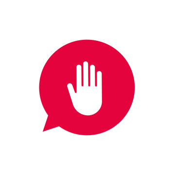 Color flat style icon collection. Vector illustration. Stop palm gesture in red talk bubble symbol isolated on white background. Design element for advertisment, attention sign, web