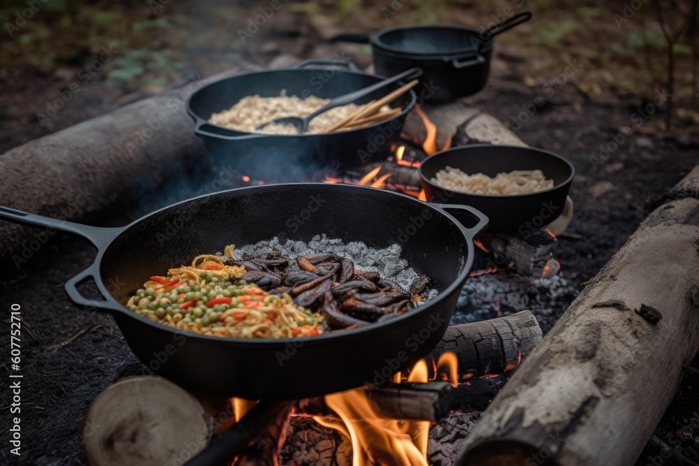 Sticker campfire cooking with cast-iron skillet, ingredients, and spices, created with generative ai