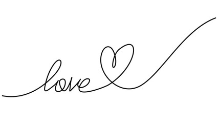Love text with heart. Continuous one line drawing. Vector illustration minimalist.