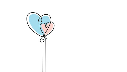 Two hearts balloon one line drawing, continuous hand drawn minimalist vector illustration design.