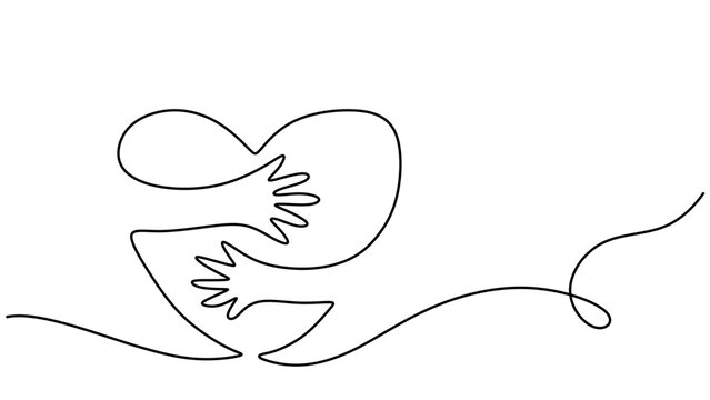 hands embracing heart with love vector illustrator, continuous one line drawing of hug love symbol.