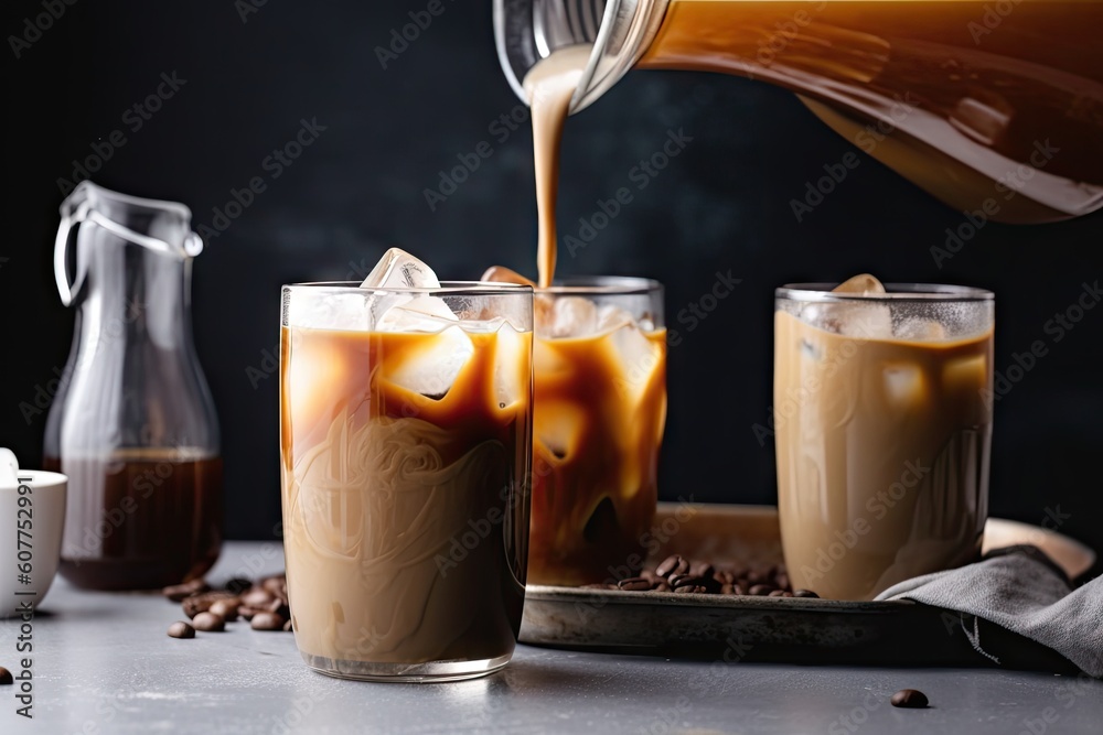 Wall mural pitcher of iced coffee lattes, ready to be poured into glasses, created with generative ai - Wall murals