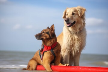 dog and cat lifeguards protecting their flock from the dangers of the deep blue sea, created with generative ai