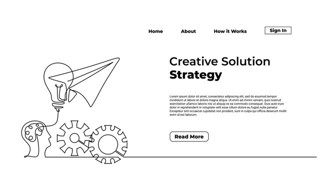 Continuous line drawing paper plane, mind, and bulb. Creative solution strategy landing page vector.