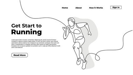 Running time continuous one line drawing, a man run with simple motion energy. Landing page template of people athlete competition. Marathon or sprinter hand drawn.