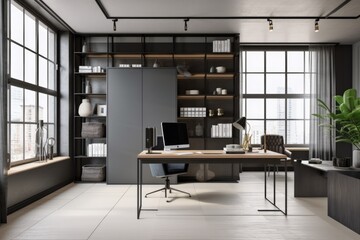 stylish and functional home office with sleek furniture, natural lighting, and ergonomic workspace, created with generative ai