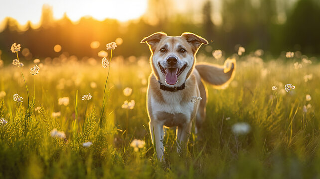 Happy running dog in the grass meadow. Generative Ai