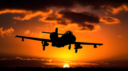 Naklejka na ściany i meble ilhouette of military attack aircraft against a vibrant sunset. The sleek profile of the aircraft is powerfully outlined against the backdrop of a sun setting in a riot of colors