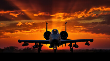 ilhouette of military attack aircraft against a vibrant sunset. The sleek profile of the aircraft is powerfully outlined against the backdrop of a sun setting in a riot of colors