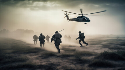 Fototapeta na wymiar Military soldiers are running to the helicopter in the battlefield. The battlefield becomes a blurred backdrop as the soldiers, their bodies coiled with tension, make a break for the helicopter