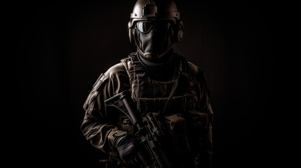 Fototapeta na wymiar Special forces soldier, a SWAT team member in full gear. His uniform, all shades of tactical black, clings to his muscular form, attesting to the raw physical power that underpins his duty