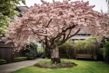 cherry blossom tree in full bloom in serene garden setting, created with generative ai