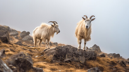 Naklejka premium Mountain goats in the Western Caucasus. Generative Ai
