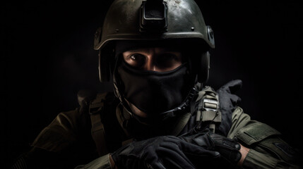 Fototapeta premium Special forces soldier, a SWAT team member in full gear. His uniform, all shades of tactical black, clings to his muscular form, attesting to the raw physical power that underpins his duty