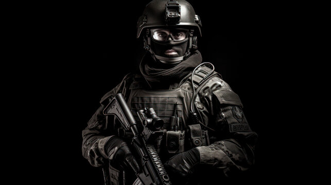Special forces soldier, a SWAT team member in full gear. His uniform, all shades of tactical black, clings to his muscular form, attesting to the raw physical power that underpins his duty