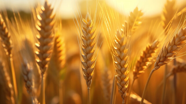 Golden wheat ears or rye close-up. A fresh crop of rye. Field of wheat under shining sunlight. Generative Ai