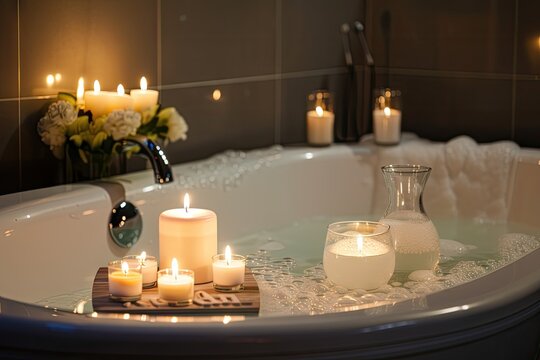 Premium Photo  Relaxation romantic bath in bathroom with candles created  with generative ai