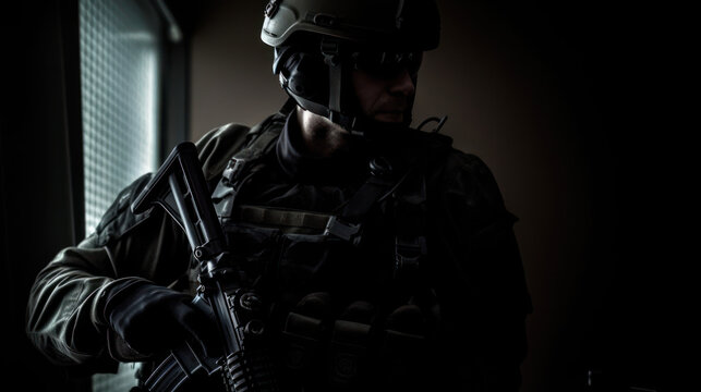 Special forces soldier, a SWAT team member in full gear. His uniform, all shades of tactical black, clings to his muscular form, attesting to the raw physical power that underpins his duty
