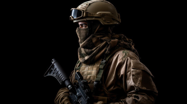 Army soldier in Combat Uniforms with assault rifle, plate carrier and combat helmet, with a Shemagh Kufiya scarf on his neck against a dark background