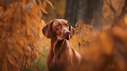 Hungarian hound pointer Vizsla dog in the field during autumn time, its russet-gold coat blending seamlessly with the fall leaves around it