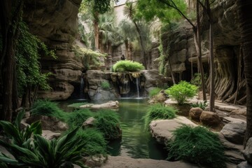 oasis with waterfall, surrounded by lush greenery and rock formations, created with generative ai
