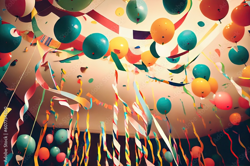 Canvas Prints paper streamer hanging from ceiling, with balloons and confetti for a party, created with generative