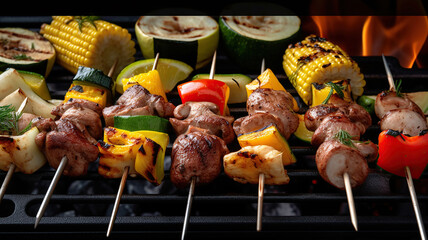 Grilled skewers of vegetables and meat on the grill. Generative Ai