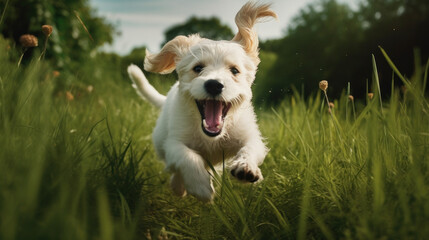 Happy pet dog puppy frolicking in the grass, a picture of pure bliss as it dashes across the verdant field - obrazy, fototapety, plakaty
