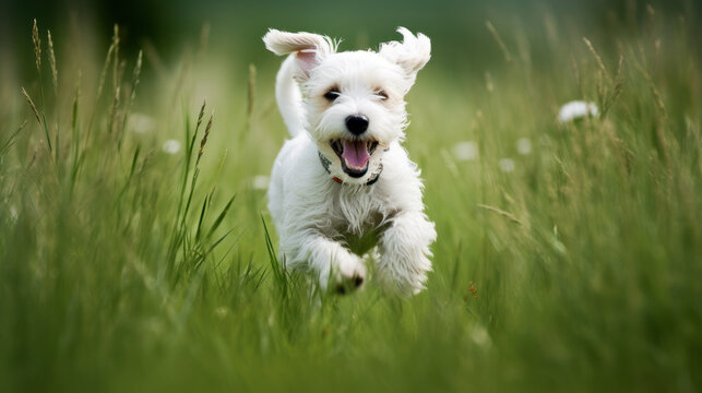 Happy pet dog puppy frolicking in the grass, a picture of pure bliss as it dashes across the verdant field