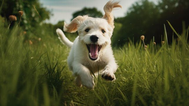 Happy pet dog puppy frolicking in the grass, a picture of pure bliss as it dashes across the verdant field